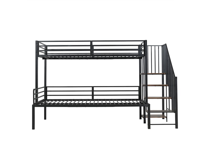  Lit superposé avec escalier rangement et sommier inclus, noir  - Conforama R