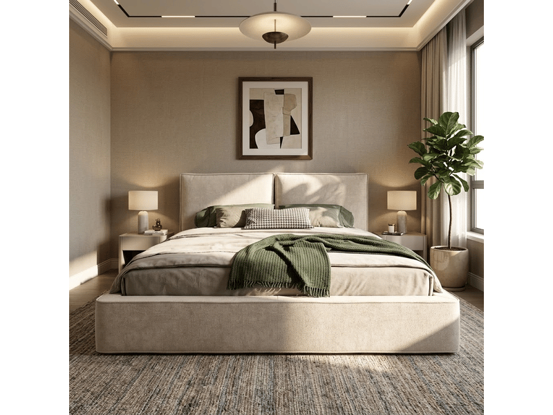  Lit coffre 180x200 cm beige, tissu chenille, sommier relevable hydraulique, tête de lit rembourrée 13 cm, sommier à lattes inclus, structure anti-glissement  - Conforama R