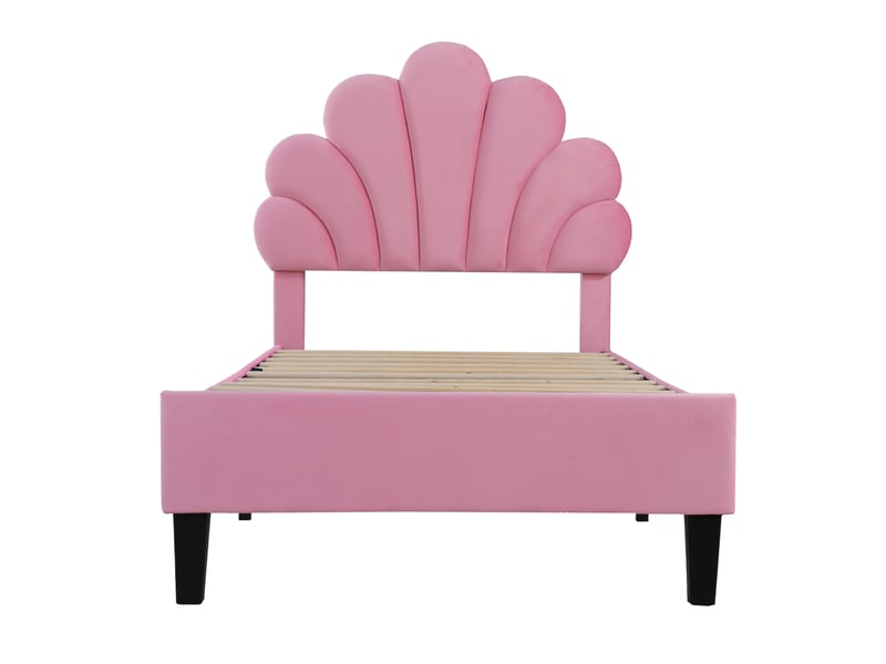  Lit enfant 90x200 capitonné velours rose - tête de lit fleur sommier à lattes inclus  - Conforama R