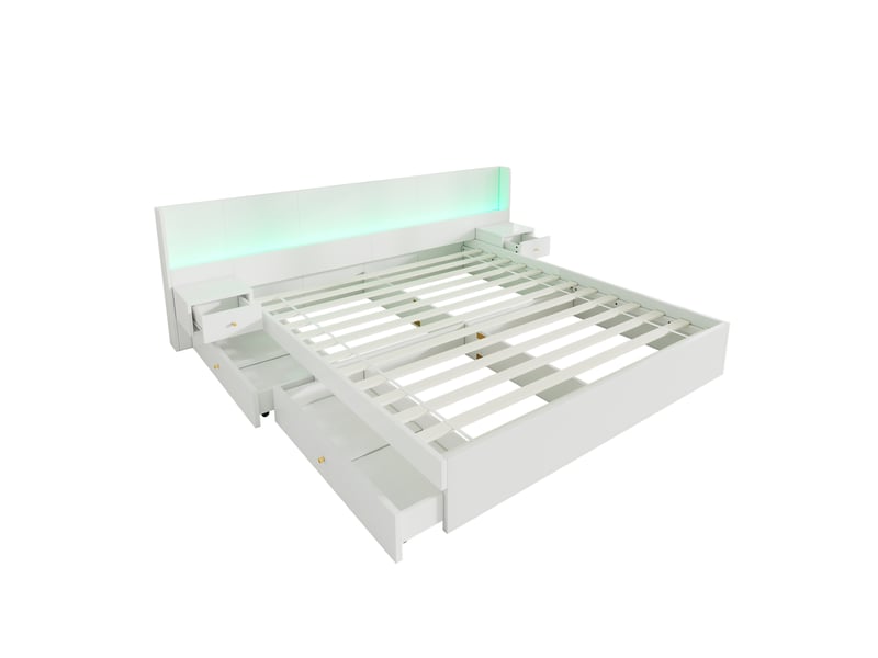  Lit adulte 180x200cm,lit avec rangement en mdf avec lumière led,prise usb,2 tables de chevet et 2 tiroirs,blanc lit adulte blanc - Conforama E