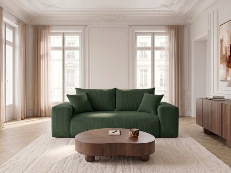 Bobochic canapé droit convertible ouverture express voltaire tissu velours côtelé vert 140x200 VOLTAIRE - Conforama B