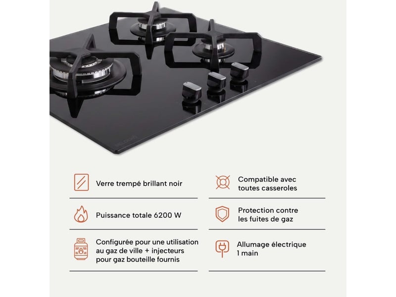 Beldeko plaque de cuisson gaz 3 foyers 60 cm verre noir - grilles fonte - marque française - Conforama D