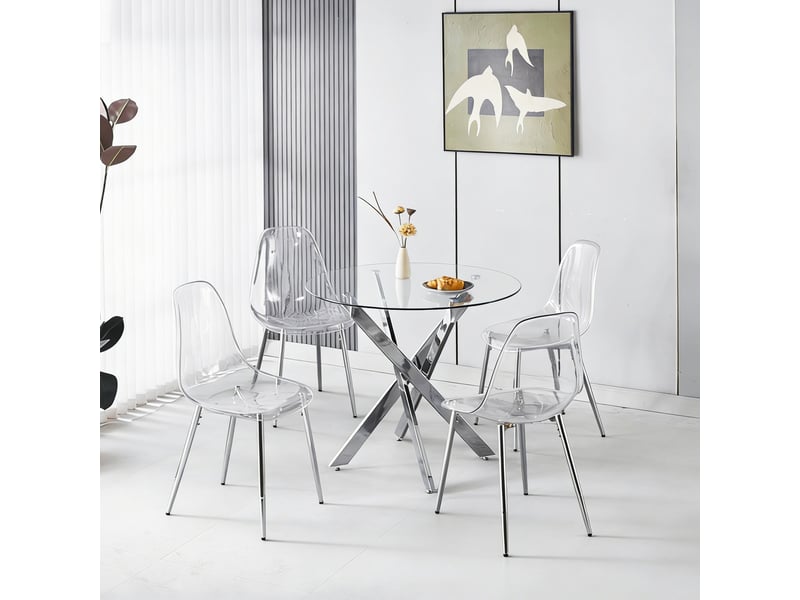  Ensemble table et chaises 5 pièces chromé, 1 table ronde et 4 chaises en velours à pieds dorés élégants  - Conforama B