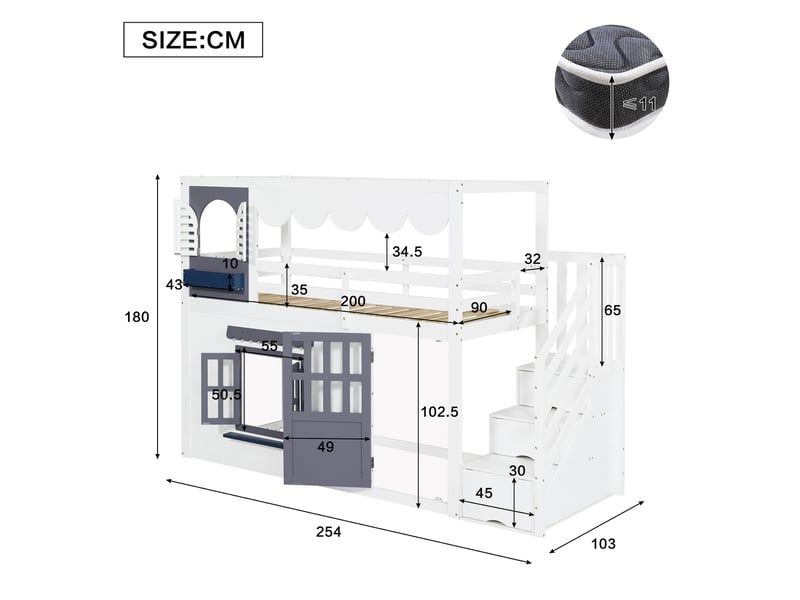  Lit mezzanine enfant 90x200 cm, cabane, escalier de rangement, porte et fenêtres, bois, blanc et bleu, sans matelas  - Conforama C
