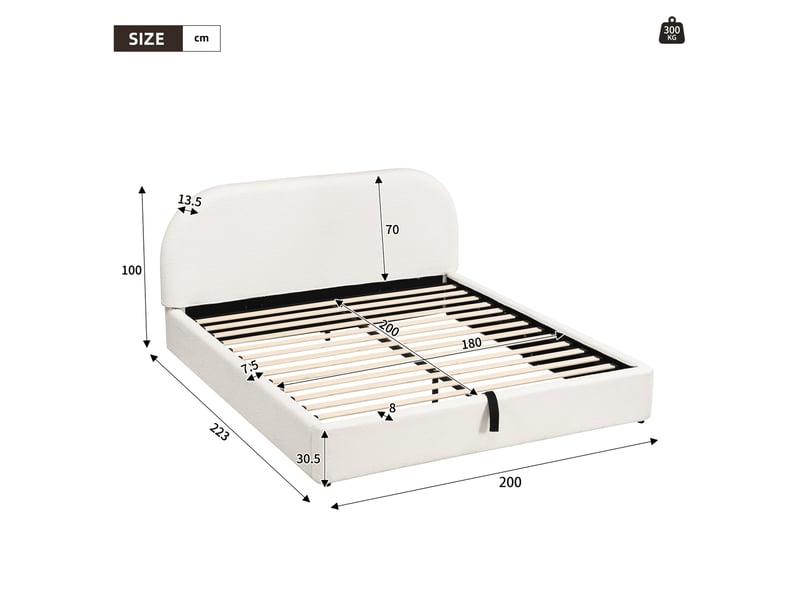 Lit coffre 180x200 cm, lit adulte avec sommier à lattes, tissu bouclé beige, avec matelas - Conforama C
