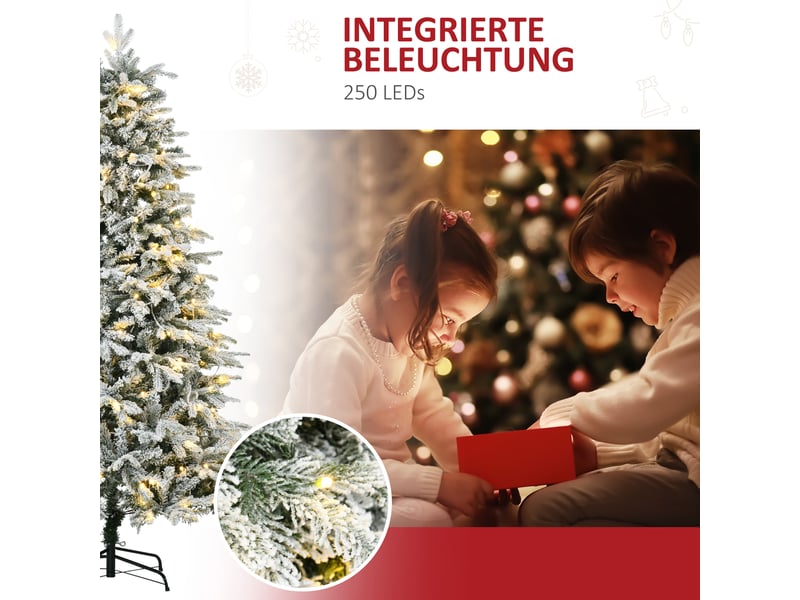  Sapin de noël artificiel, avec neige artificielle et lumières led, 180 cm, vert et blanc  - Conforama E