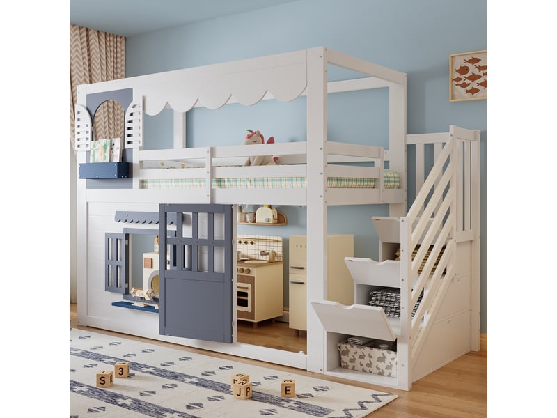  Lit mezzanine enfant 90x200 cm lit cabane lit adolescent lit simple en bois avec escalier de rangement porte fenêtres ouvrantes  - Conforama B
