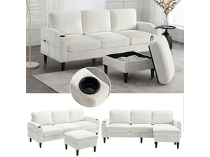 Canapé droit fixe   4 places Tissu beige avec coffre de rangement