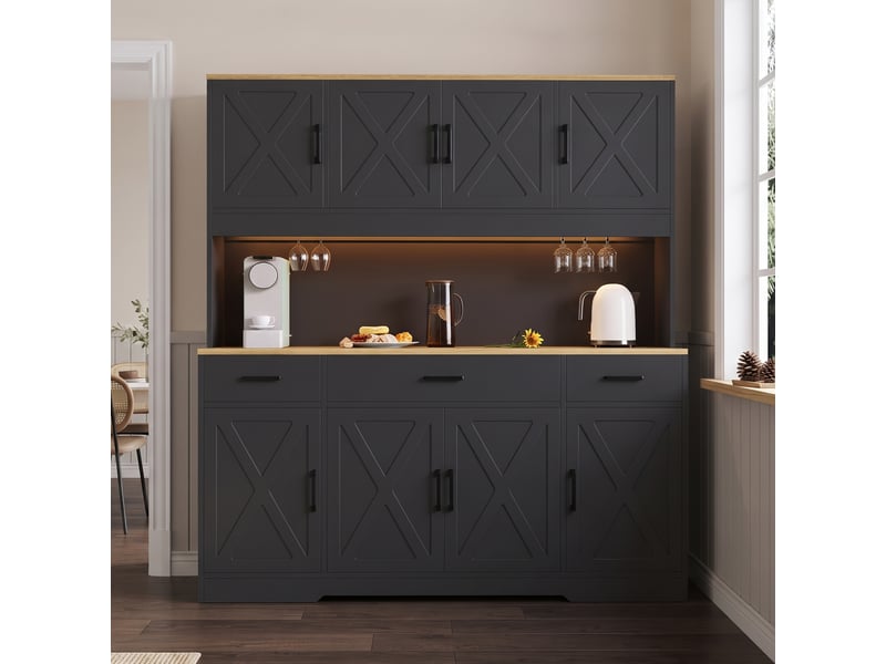  Buffet haut 150x40x180 cm, vaisselier avec rangements, 2 porte-verres, prise, usb-a et usb-c, bande led multicolore, noir et chêne evarich - Conforama E