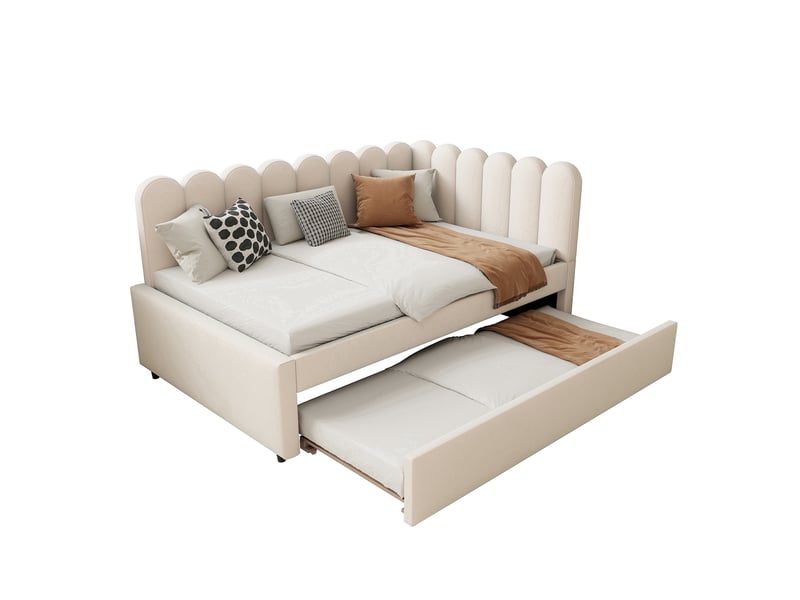  Lit banquette gigogne 140 x 200 cm, couchage gigogne, dossier en pétales, dossier en l, sommier à lattes, pour la chambre, velours, beige ABC - Conforama A