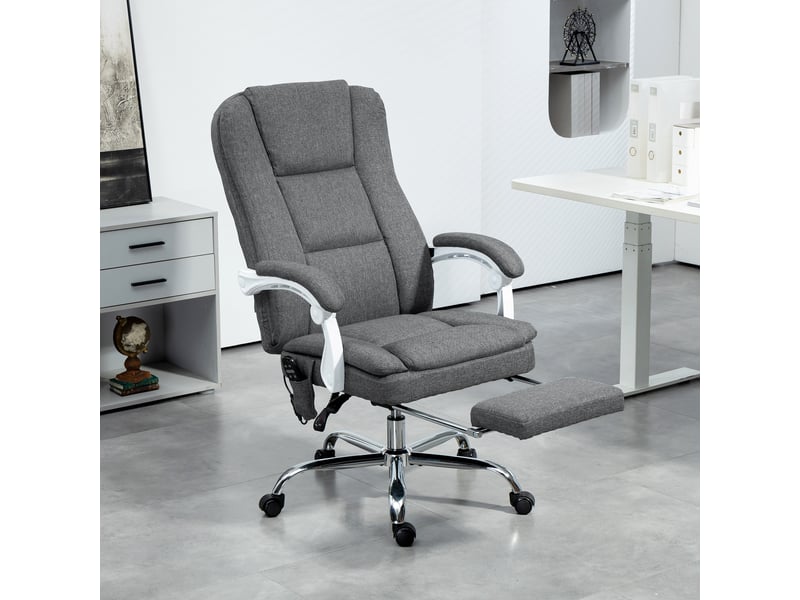  Fauteuil de bureau massant et chauffant, inclinable, revêtement en tissu effet lin, avec repose-pieds, gris  - Conforama D