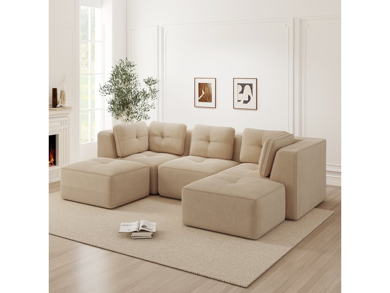  Canapé d'angle modulable en u avec assise profonde et dossier enveloppant en cordon beige  - Conforama B