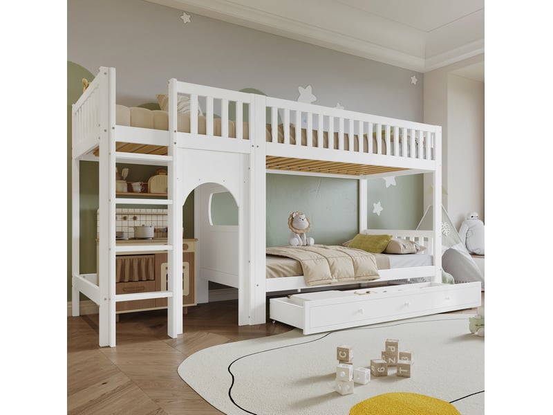 Lit superposé enfant 2x90x200 cm avec échelle 4 marches, blanc naturel  - Conforama D