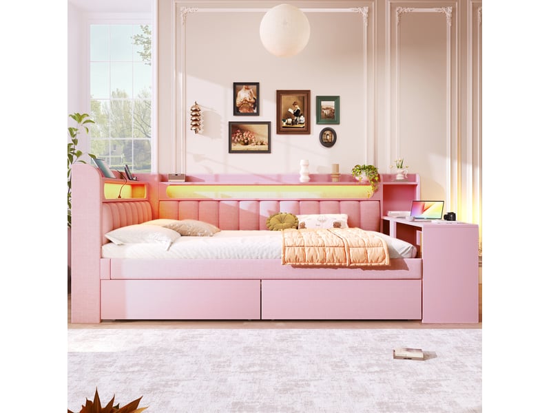  Lit plateforme 140x200 avec bureau, led 7 couleurs, usb, 2 tiroirs, mdf et contreplaqué, rose, sans matelas  - Conforama E