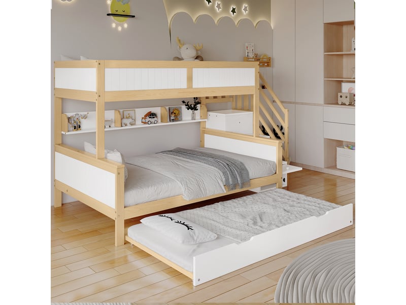 Lit superposé 90x200 & 120x200 cm - lit enfant avec grille de protection, rangement et lit gigogne, bois de pin + mdf, blanc, sans matelas - Conforama E
