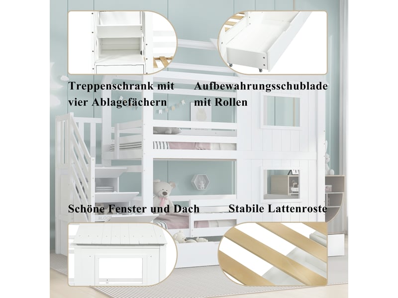  Lit superposé enfant 90x200 cm blanc, escalier rangement, tiroir à roulettes et fenêtres  - Conforama C