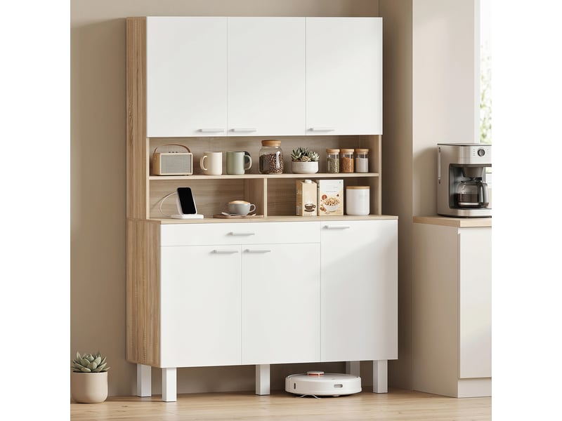  Buffet de cuisine haut 6 portes aosenyunzhou meuble de rangement vaisselier passe-câbles blanc et effet bois 120x40x175 cm T1005-01-12247 - Conforama E