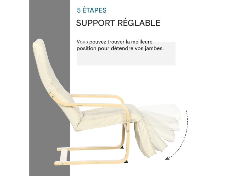  Fauteuil relax avec repose-pieds 5 positions bouleau blanc crème 66,5 x 94 x 100 cm  - Conforama D