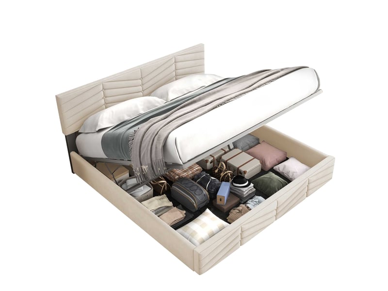 Lit coffre 180x200 cm rembourré, rangement hydraulique, tête de lit réglable en velours avec design rayé et boutons, beige - Conforama A