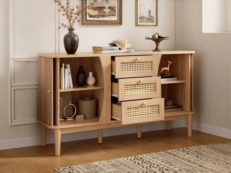  Commode en rotin 3 tiroirs et 2 portes coulissantes, 141 x 40 x 77 cm, étagères réglables et plateau arrondi, couleur naturel  - Conforama B