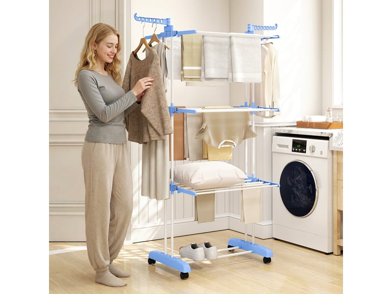Séchoir à linge vertical pliable à roulettes, 3 niveaux avec ailettes repliables, 73 x 64 x 172 cm, bleu et blanc - Conforama C