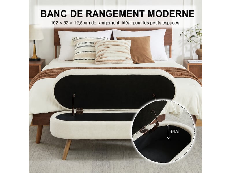  Banc de rangement 110x40x42 cm beige en chenille, coffre ventilé compact pour chambre, entrée ou salon  - Conforama D