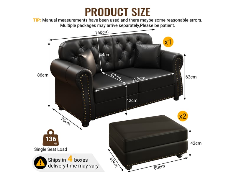  Canapé chesterfield 2 places + 2 poufs en simili cuir noir, 160 cm Fay Lum - Conforama C