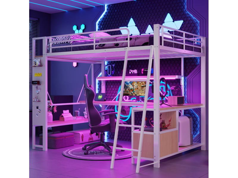  Lit mezzanine 140x200 cm avec bureau, led et rangements blanc  - Conforama D