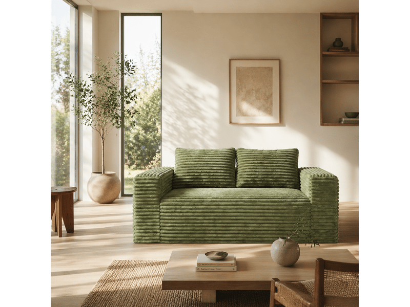  Canapé 2 places 160x88x58 cm sans pieds, assise profonde, tissu côtelé vert, sans montage, pour petits espaces  - Conforama D