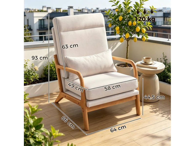  Fauteuil de salon à dossier haut, assise large et coussin lombaire en tissu effet lin crème, 64 × 86 × 93 cm  - Conforama C