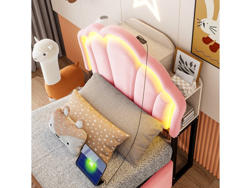  Lit coffre 90x200 cm, lit enfant, rangement hydraulique, led, motif floral, velours rose  - Conforama R