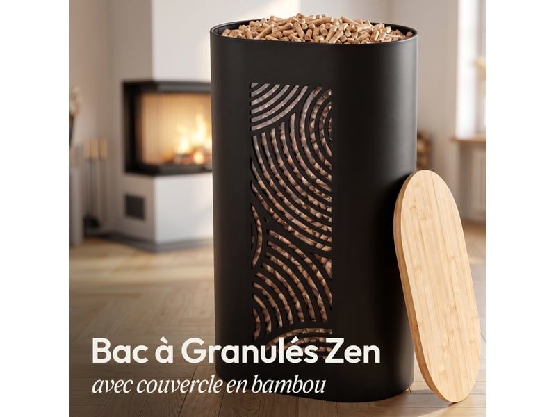 Casabel réservoir pellets & granulés, niveau visible, cap. 30kg, métal noir, couvercle bambou, pour poêle à pellets - Conforama C