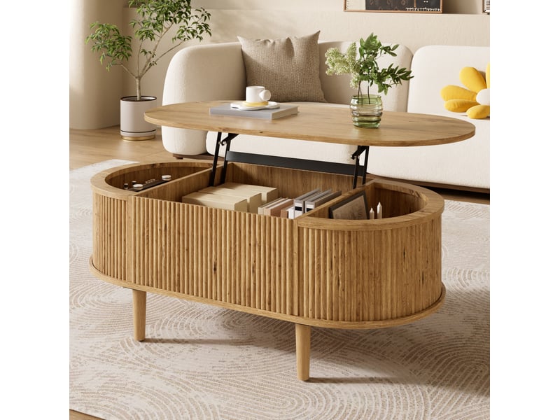  Table basse ovale relevable 100x48x54,5 cm, design vague, rangement, table de salon, style moderne, en mdf, chêne  - Conforama E