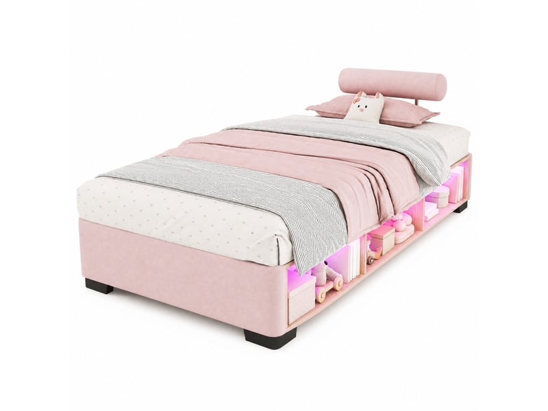  Lit enfant 90x200 cm, couchage bas, rangements latéraux led, appuis-tête modulables, velours rose sans matelas  - Conforama A
