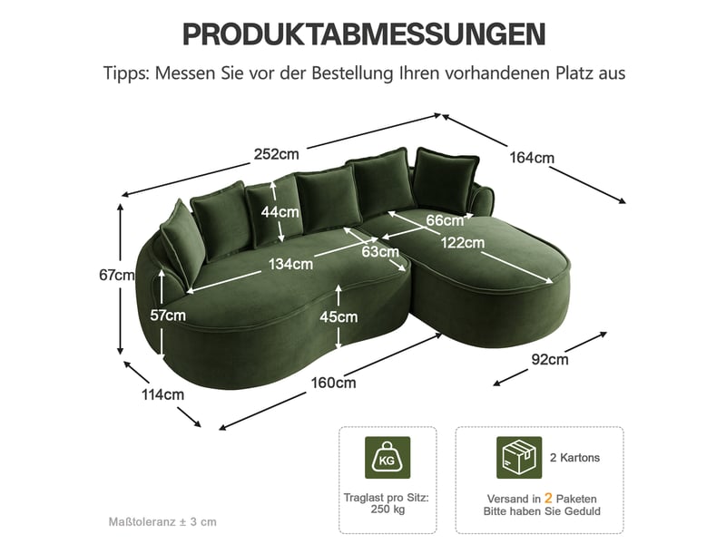  Canapé d’angle modulable 3 places 252x164x67 cm, sans cadre, assise profonde avec coussins, tissu en chenille, vert  - Conforama C