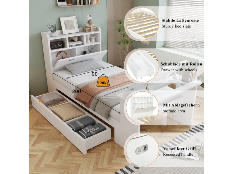  Lit simple enfant 90×200 cm avec tiroir, étagères et table rabattable - okmyhome- blanc, sans matelas  - Conforama E
