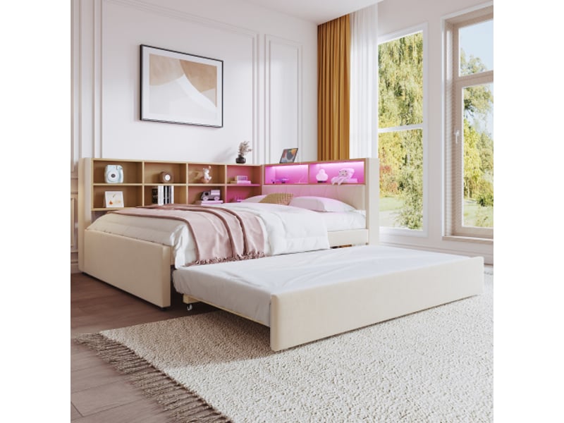  Lit gigogne 140x200 et 90x190 cm, avec rangements et led, ports usb et type-c, en tissu, beige, sans matelas  - Conforama C