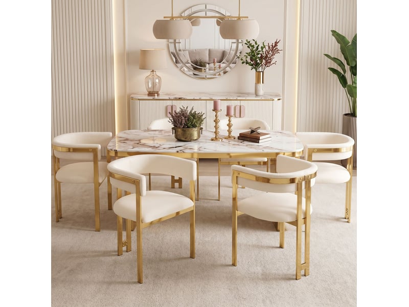  Chaise de salle à manger lot de 4 avec dossier incurvé et piètement métallique doré, en chenille beige et doré  - Conforama B