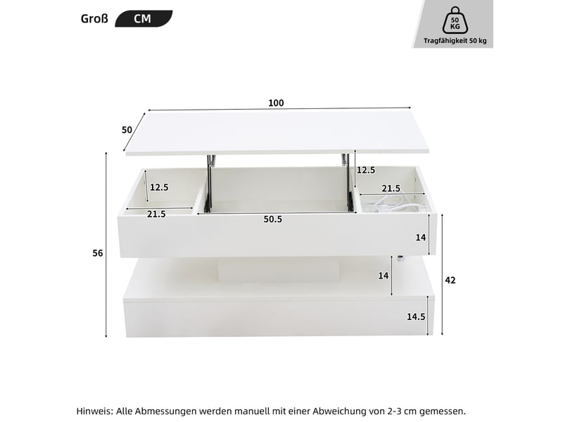  Table basse à plateau relevable 100 x 50 cm avec led, rangement et prises, blanche  - Conforama C