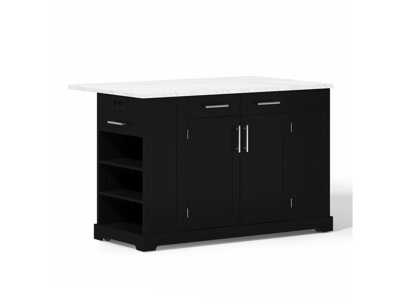 Îlot de cuisine noir 138 cm avec plan de travail effet marbre, plateau rabattable et prises électriques intégrées - Conforama R
