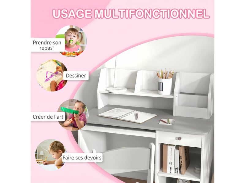  Bureau enfant avec chaise et rangements gris et blanc 90 x 45 x 90 cm  - Conforama W