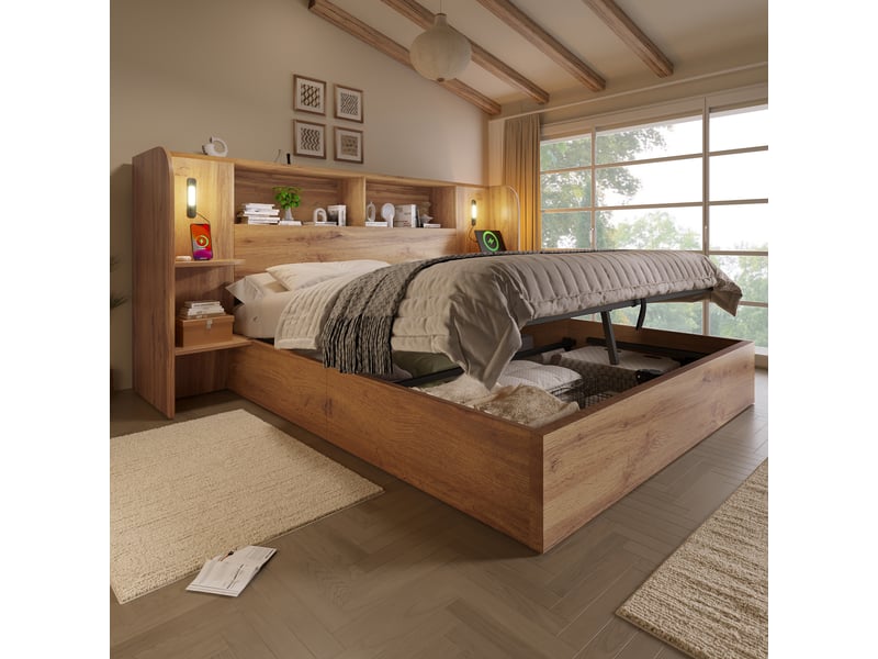  Lit coffre double 180 x 200 cm, rangement hydraulique, bois aspect chêne, tête de lit avec étagères, liseuses led tactiles, usb-c, mdf, chêne Bliss Lite - Conforama E