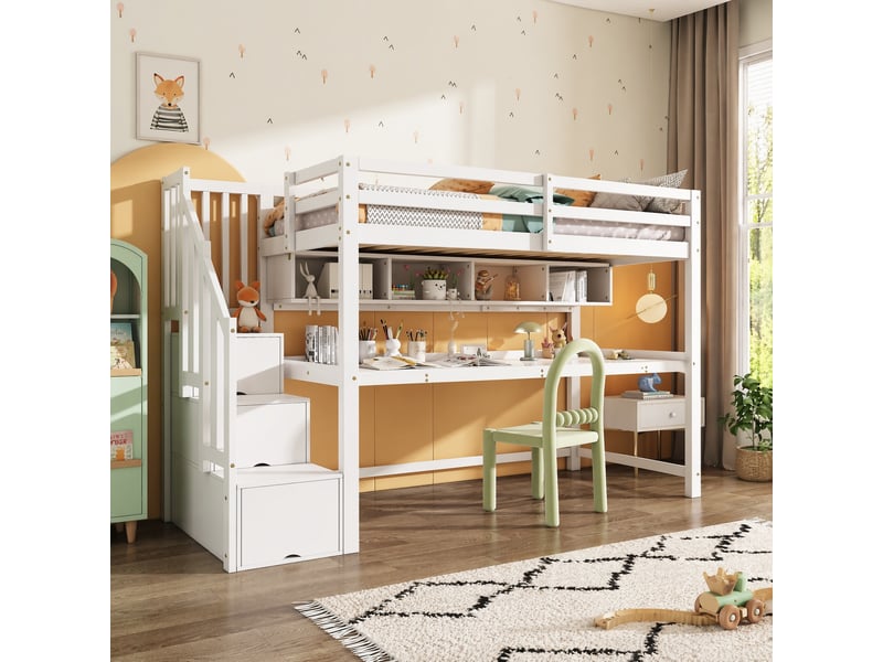  Lit mezzanine enfant 90x200 cm avec escalier de rangement et bureau, blanc  - Conforama B