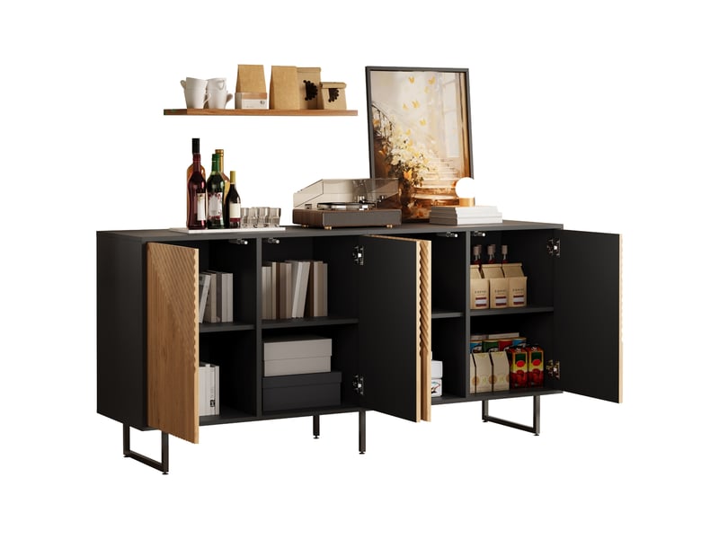  Buffet 4 portes 160 cm bois naturel et noir avec pieds en métal  - Conforama A