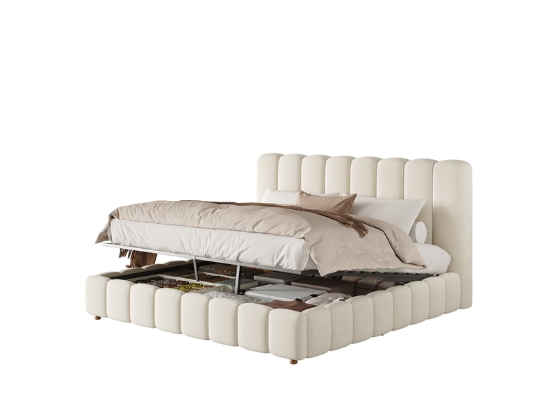  Lit coffre rembourré 160x200 cm, rangement hydraulique, tête de lit rembourrée, sommier à lattes, velours beige OMNIGLINT TRADING LTD - Conforama A