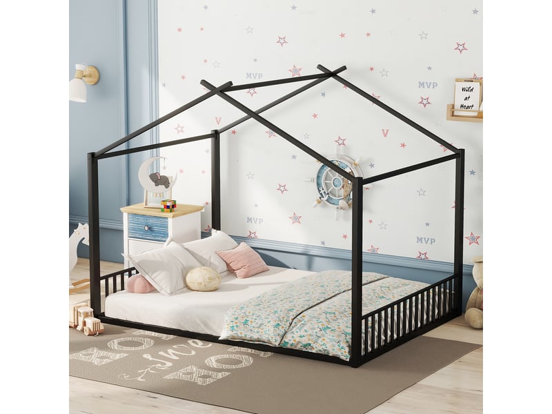 Lit cabane 140x200 cadre de lit en métal noir pour enfant, design maison avec sommier à lattes, robuste et moderne - Conforama D