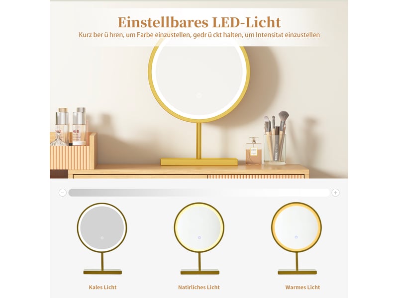 Coiffeuse avec miroir led 3 couleurs et meuble latéral - lpospi - 3 tiroirs, panneau bois naturel 120 × 40 × 90 cm - Conforama E