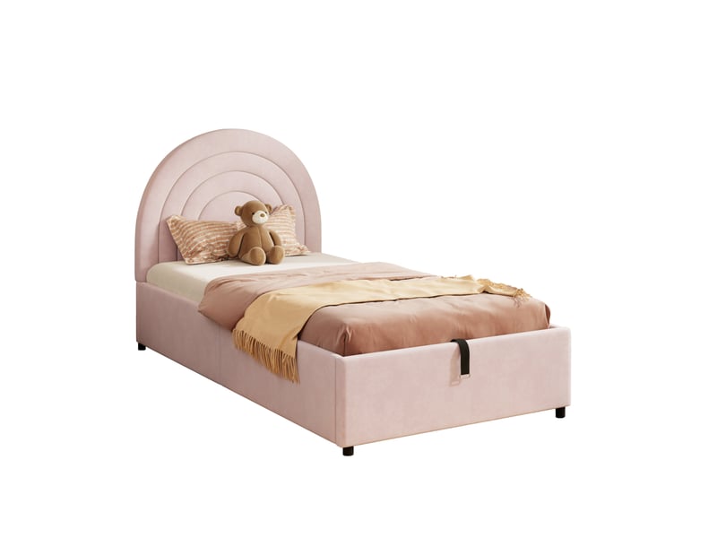  Lit coffre 90x200 cm avec tête de lit, velours, rose, sans matelas  - Conforama A