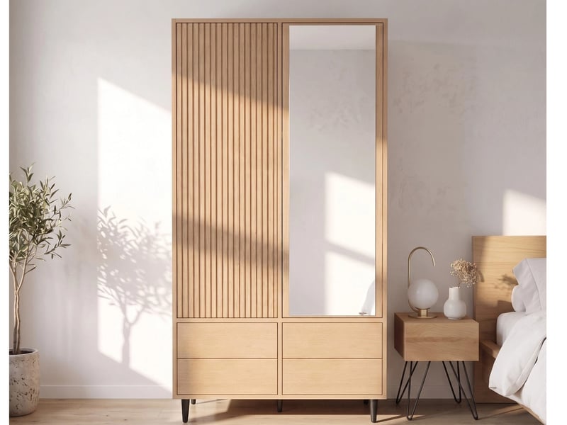  Armoire 2 portes avec miroir , 1 tringle, 4 compartiments, 4 tiroirs, style moderne,200 x 90 x 45 cm,finition aspect chêne  - Conforama B