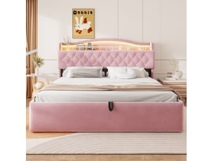 Lit coffre 180x200 cm lit 2 places, led, ports usb, tête de lit avec rangement, velours rose, sans matelas